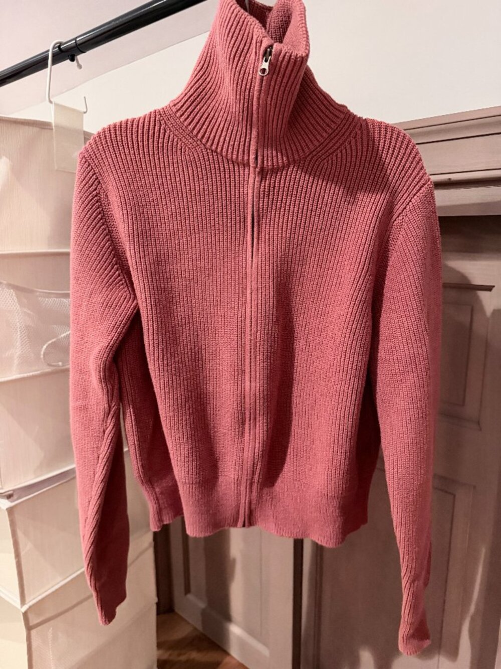 UNIQLO Soufflé Yarn Full Zip Cardigan Pink Ribbed XS
